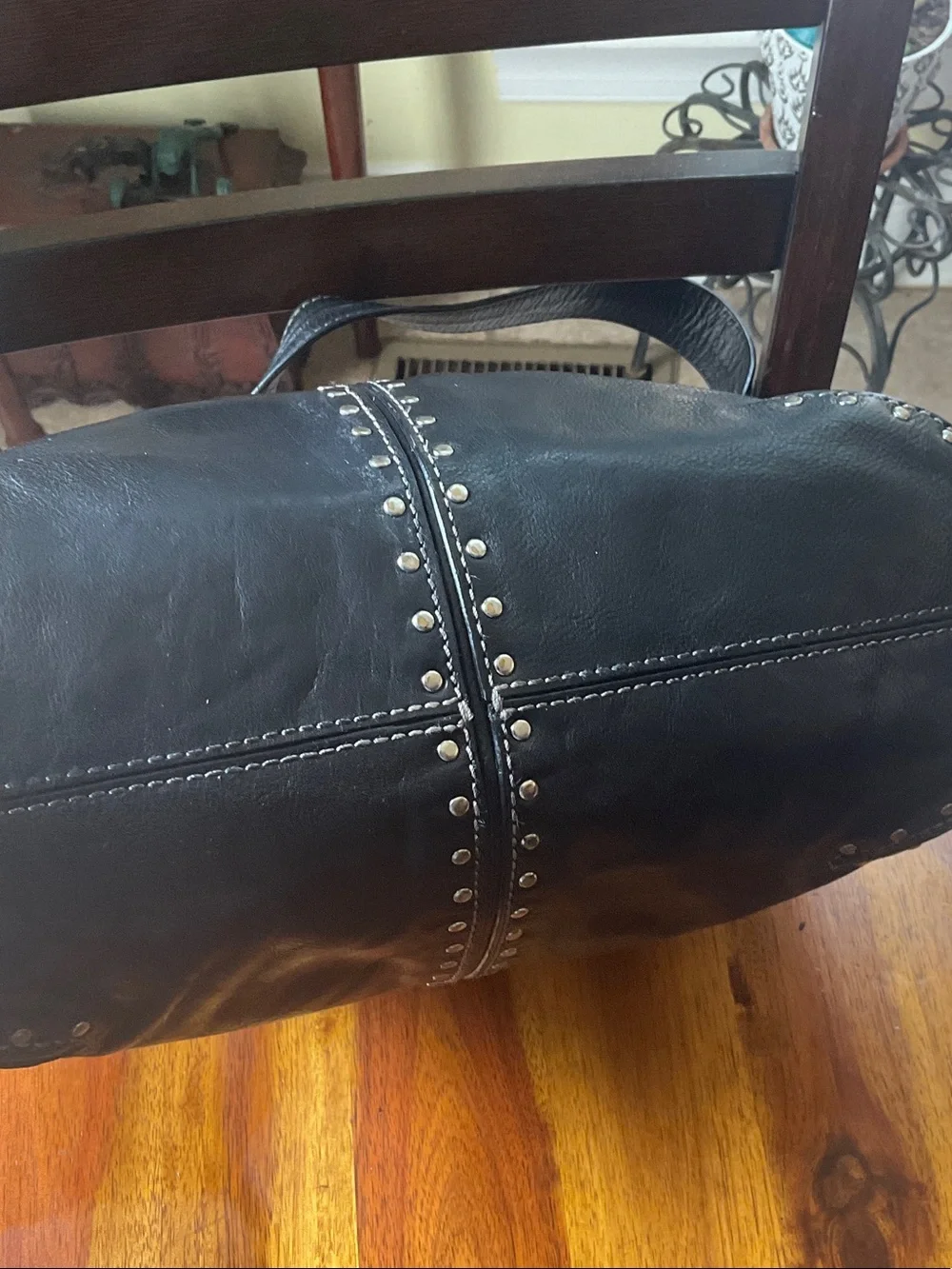 Michael Kors Black Leather Stud-Trim Hobo with MK Charm